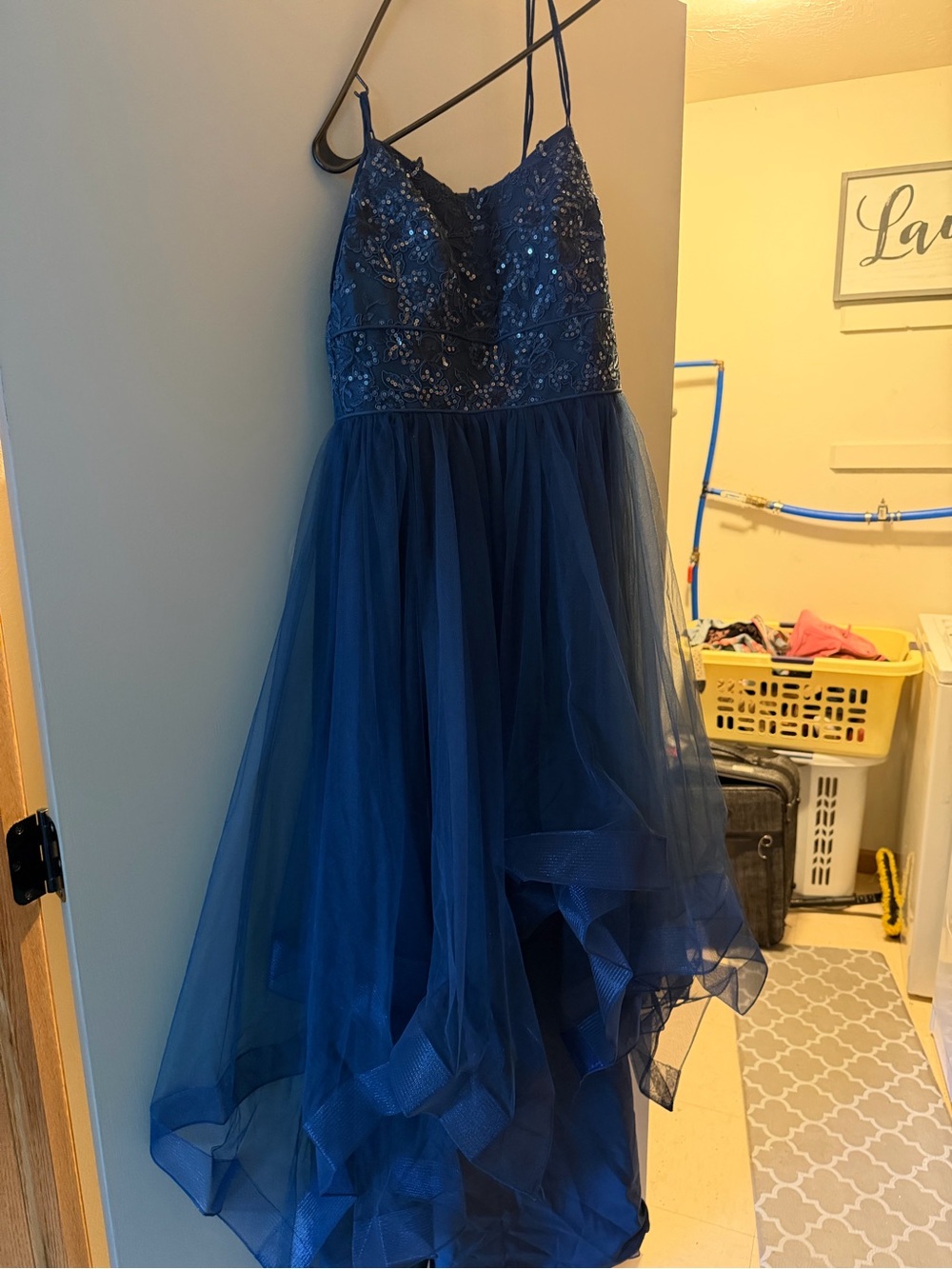 JJs House Navy Blue Sequin Tulle Midi Dress with Spaghetti Straps
